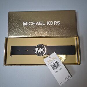 Michael Kors Women Black Leather Pavé Crystal MK Logo Buckle Belt L/XL NEW Box